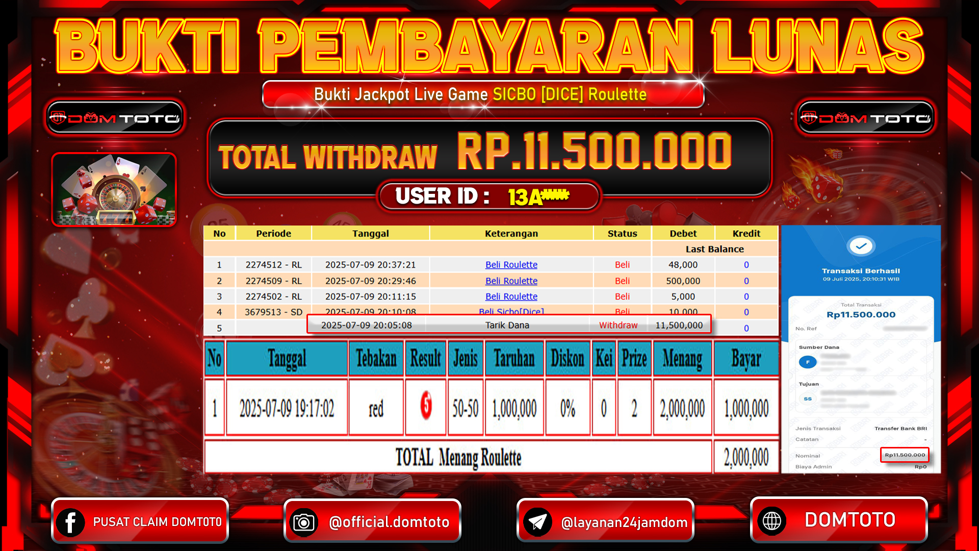 JACKPOT LIVE GAME SICBO [DICE] ROULETTE 09 JULI 2025